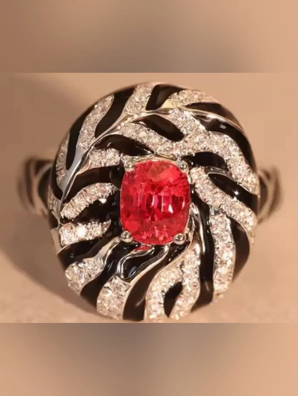 Elegant Black & White Enamel Ring with Red Center Stone